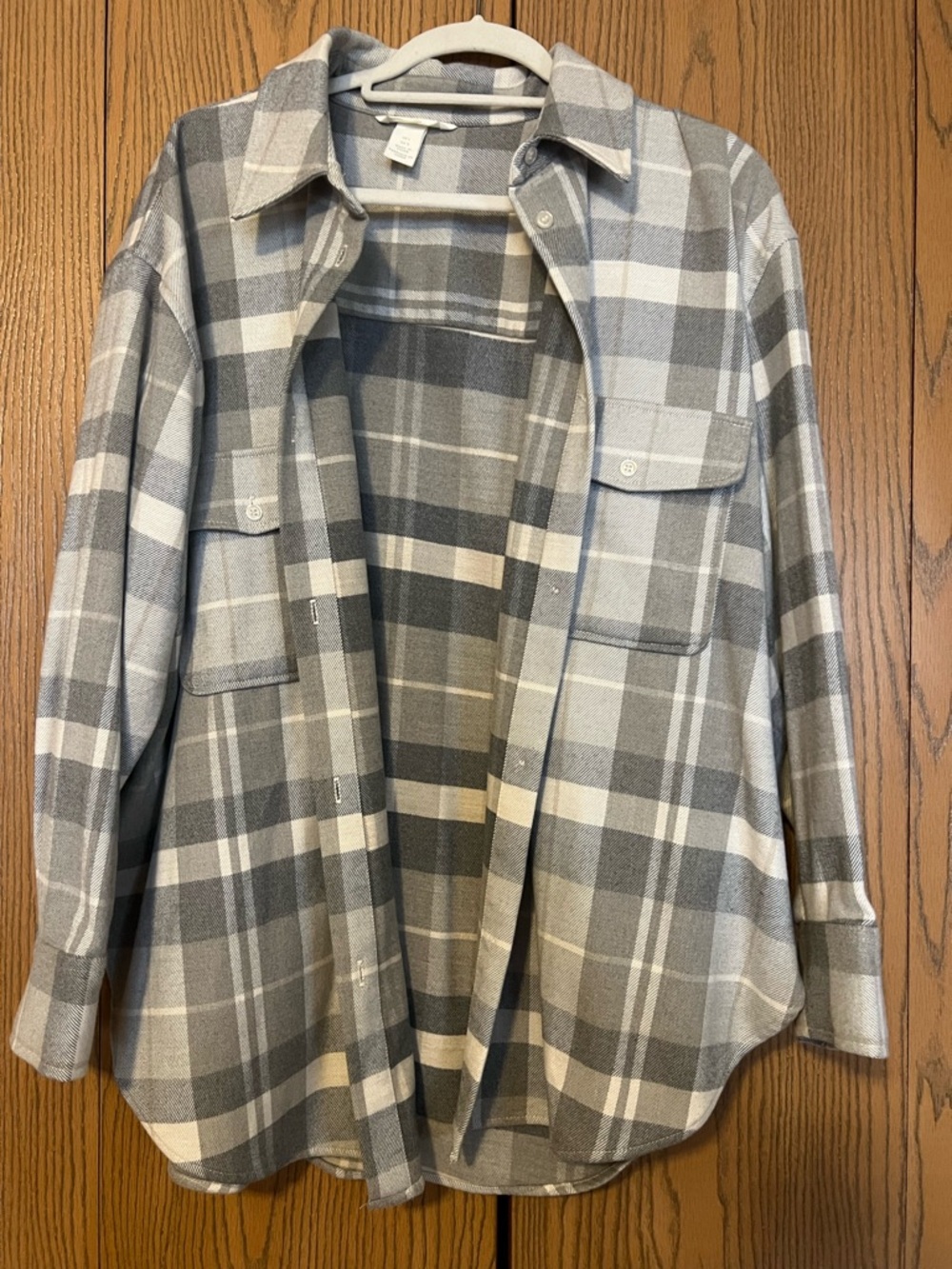 Gray & Cream Plaid Button-Up Shacket Jacket - Women's Oversized